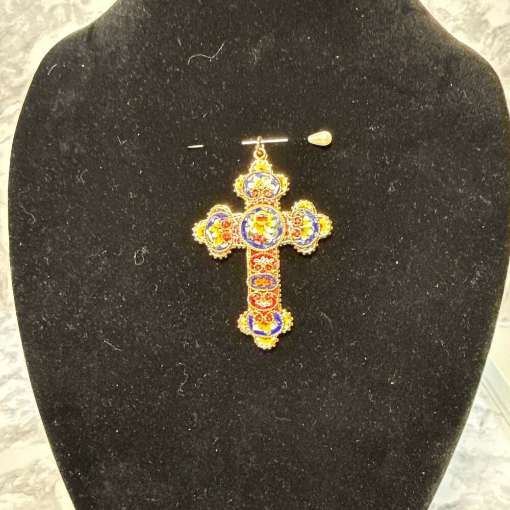 Vintage Italian Florentine Micro Mosaic Floral Cross Pendant - Picture 1 of 4